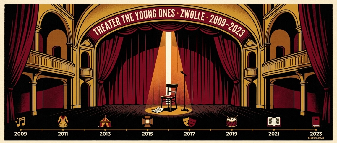 Redactionele illustratie van een groot theaterpodium met een schijnwerper op een lege stoel, ter herdenking van de periode 2009-2023 van Theater De Jongeren in Zwolle.
