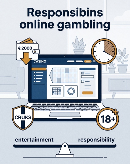Infographic met hulpmiddelen voor verantwoord gokken — stortingslimieten, tijdslimieten, CRUKS-zelfuitsluiting en 18+-verificatie — die een balans bieden tussen vermaak en verantwoordelijkheid.